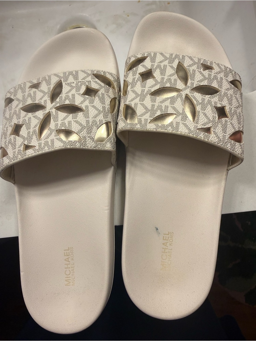 Michael Kors Ivory and Gold Logo Cutout Slide Sandals